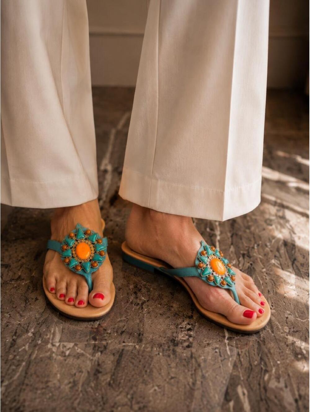 Isabella Fiore Turquoise Beaded Thong Sandals